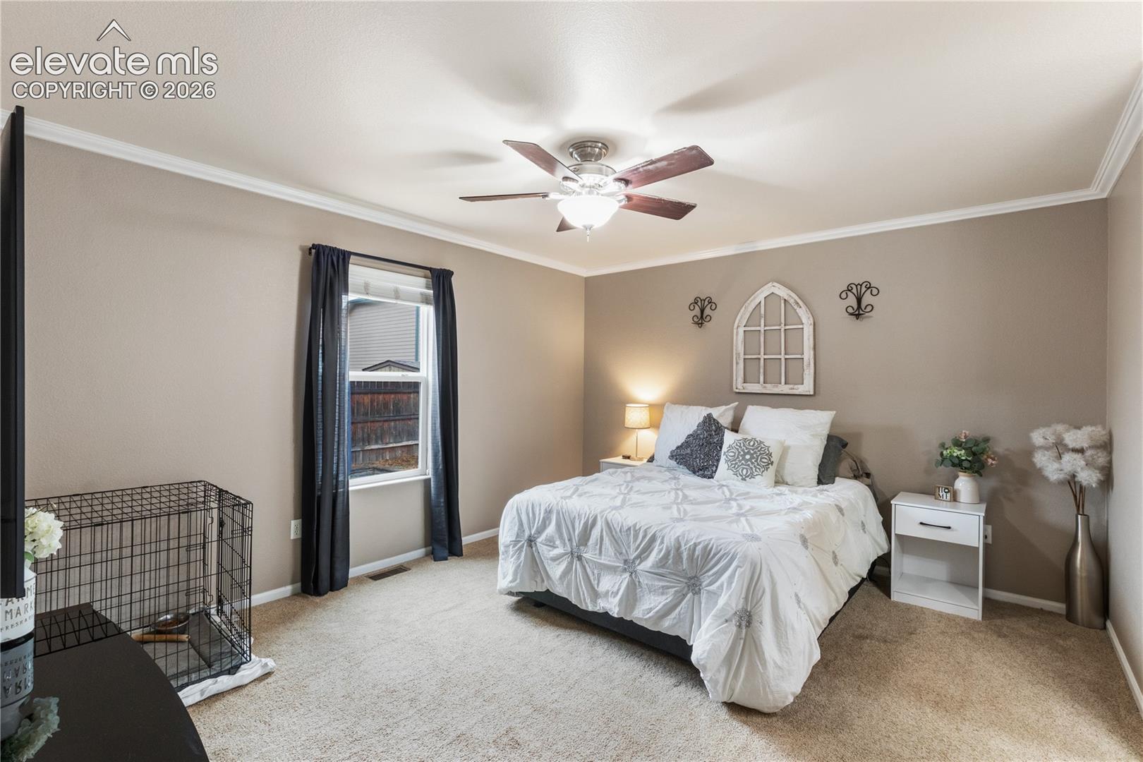 Spacious room featuring neutral wall tones, crown molding, wall-to-wall carpeting, and a ceiling fan with integrated lighting