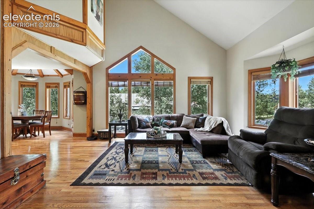 Vaulted ceilings featuring timber-framed detailing, expansive wood-finish flooring, and a large gable-style window
