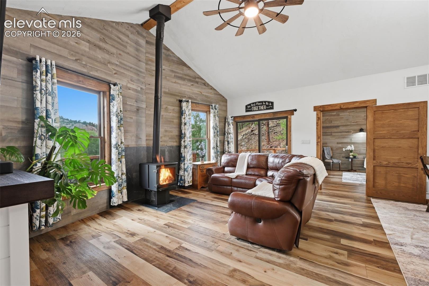 Vaulted ceilings with wood burning stove