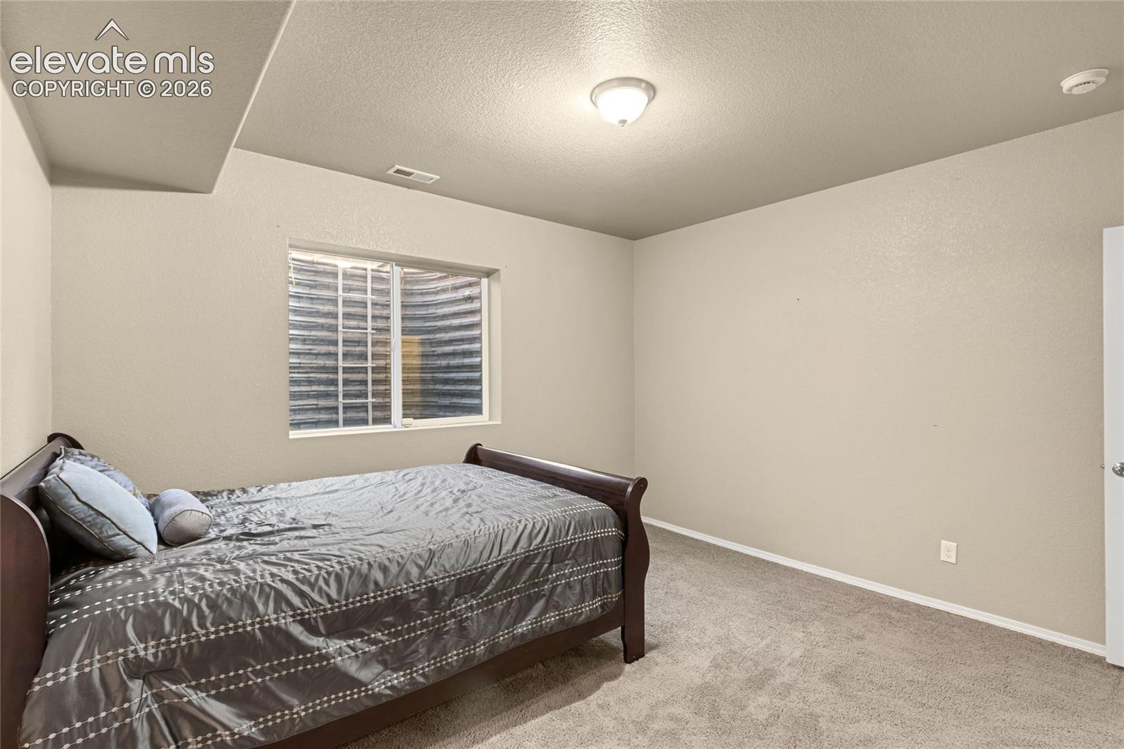 Neutral-toned interior featuring wall-to-wall carpeting, a flush-mount ceiling light fixture, and an egress window with a corrugated steel window well