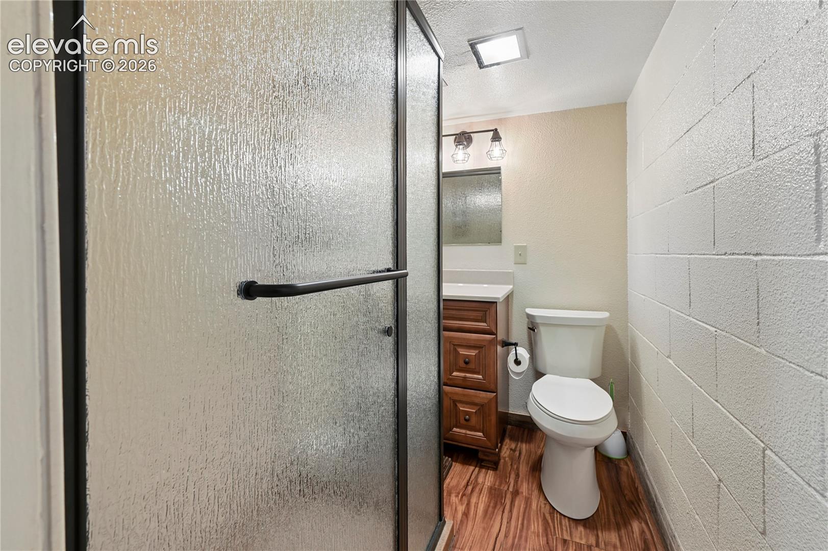 Frosted glass shower enclosure, wood-finish flooring, vanity with wood-finish cabinetry, wall-mounted light fixture with frosted glass shades, and white block wall texture