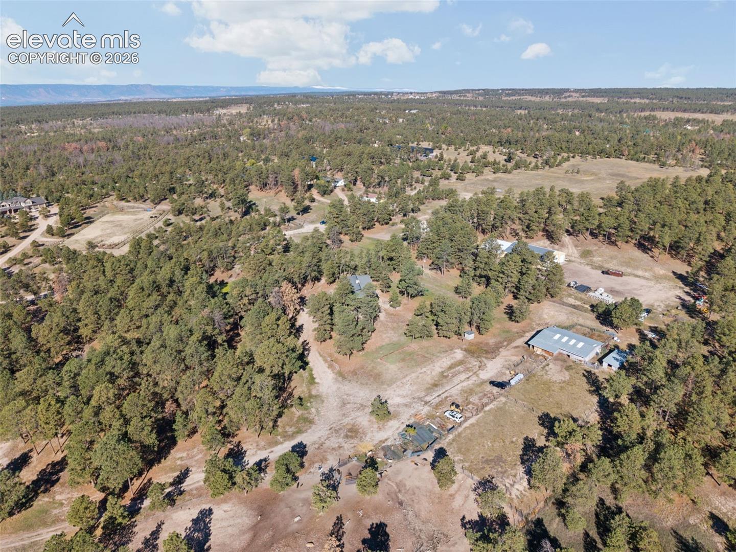 Expansive rural acreage featuring mature pine forest coverage, cleared building sites, gravel access paths, and metal-roofed outbuildings