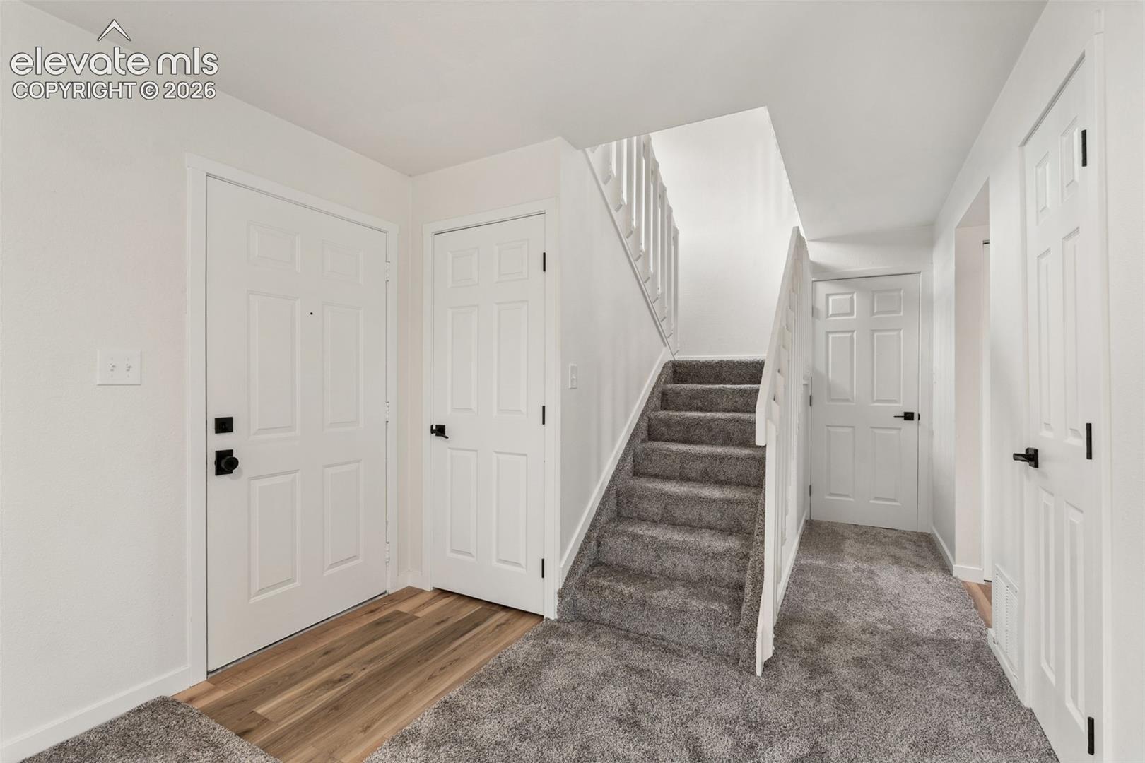 Foyer entry featuring wood-finish flooring, six-panel interior doors, matte black hardware, and carpeted staircase with white railings