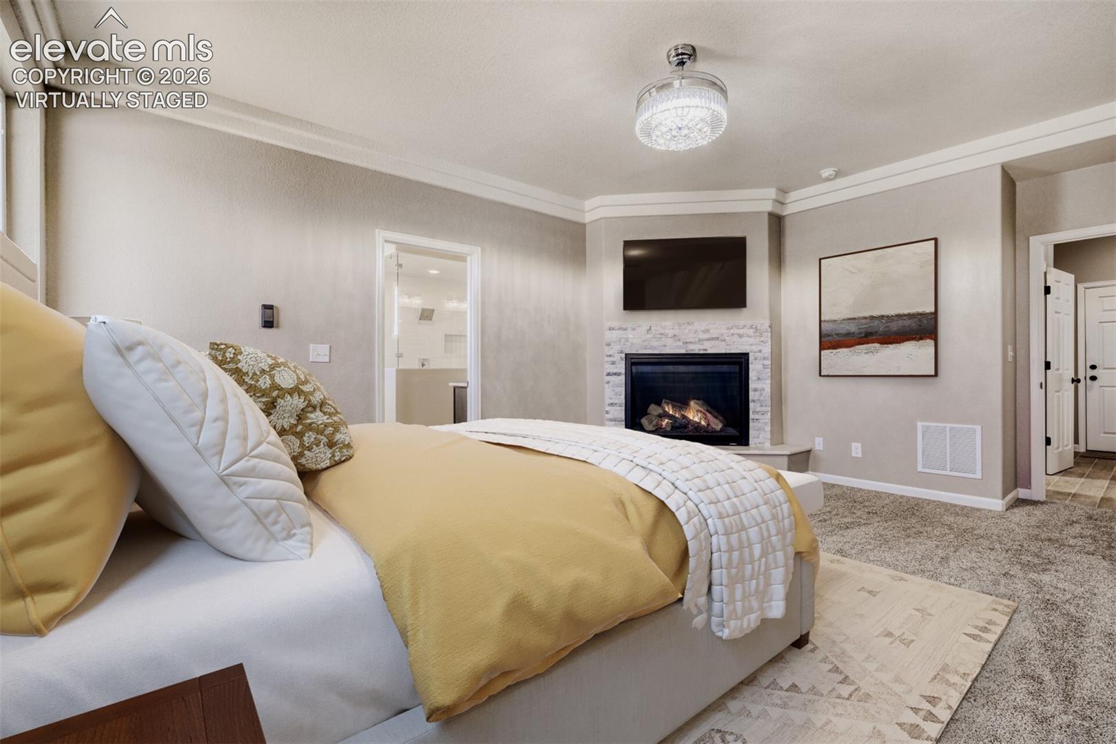 Virtually staged primary Bedroom with fireplace, massive closet, lux 5-piece bath