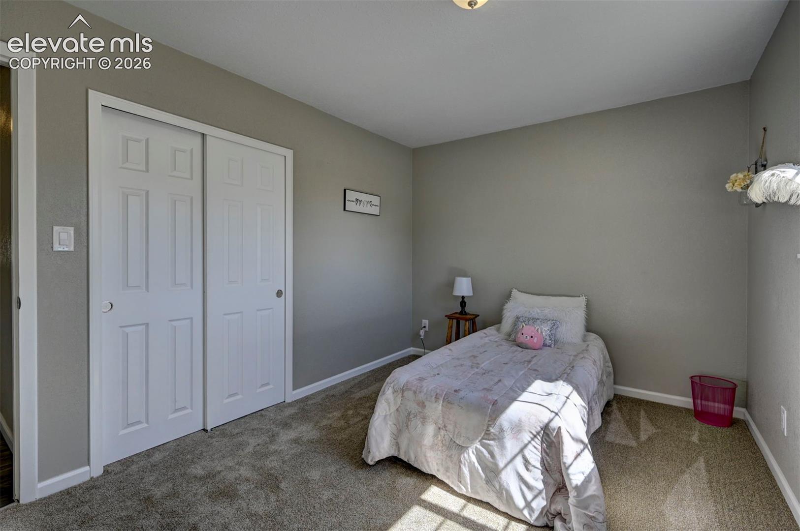 Room featuring neutral wall paint, wall-to-wall carpeting, and a dual-panel sliding closet