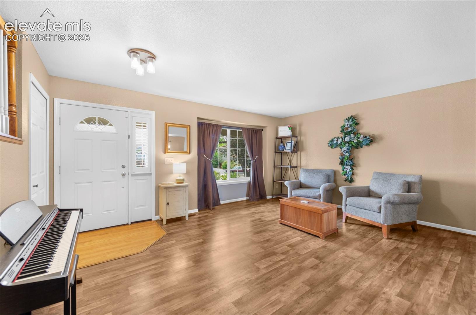 Living area featuring wood-finish flooring, a white paneled front door with an arched transom window and sidelite, a window with curtains, and a ceiling-mounted light fixture