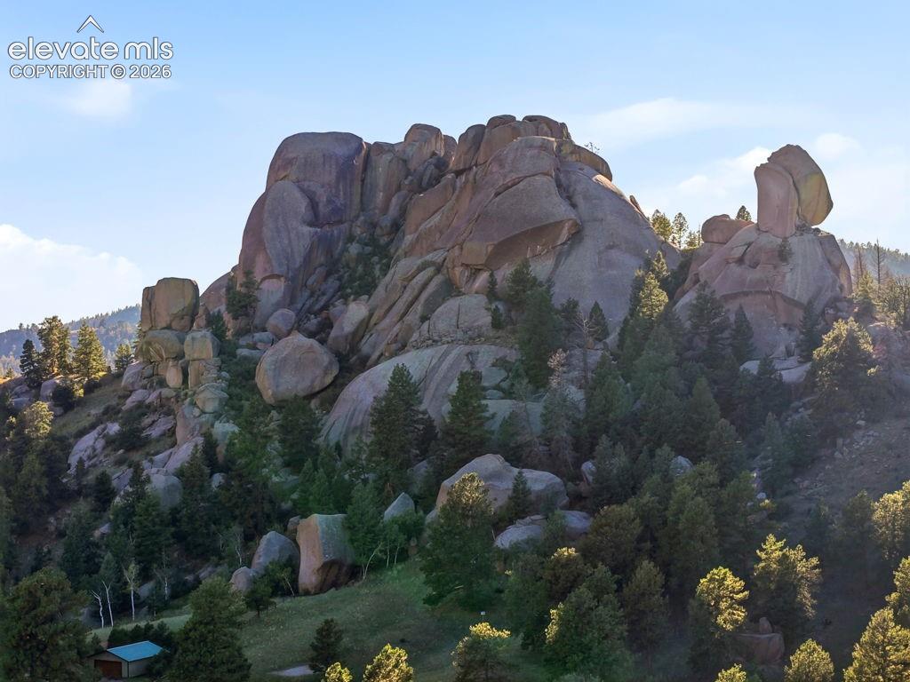 Rocky terrain with dense evergreen trees and a prominent natural rock formation