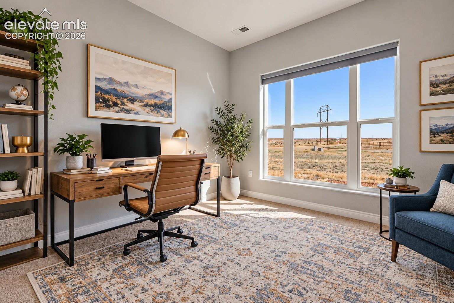 VIRTUAL STAGING. Third bedroom makes a perfect office space with the oversized window and new carpet. 