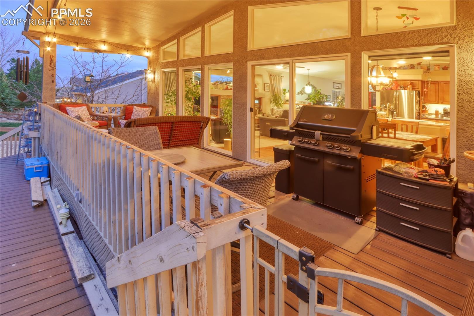 Covered rear deck at twilight