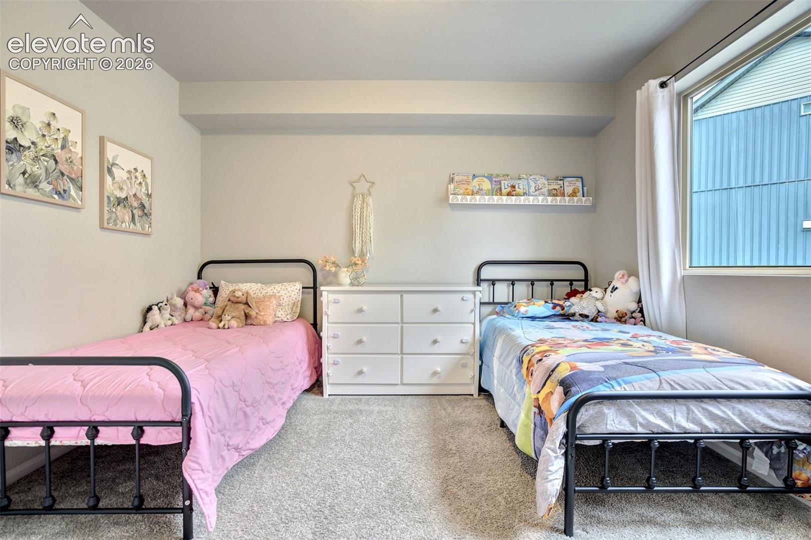 Neutral wall finishes, plush carpeting, wall-mounted display shelving, and a large window providing natural light