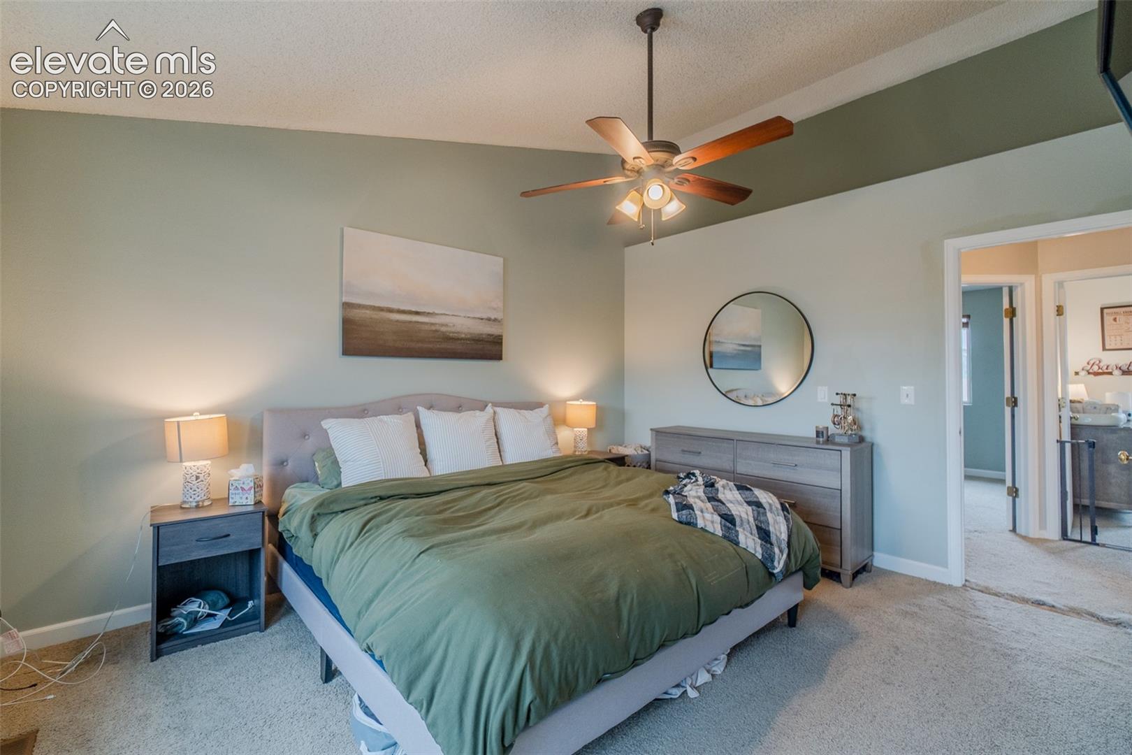 Vaulted ceiling with an integrated ceiling fan, carpeted flooring, and a updated closet system