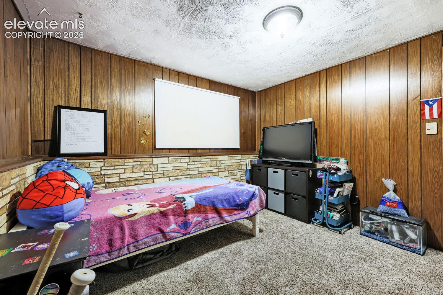 Wood paneling, stone accent wall, ceiling-mounted light fixture, and carpet flooring
