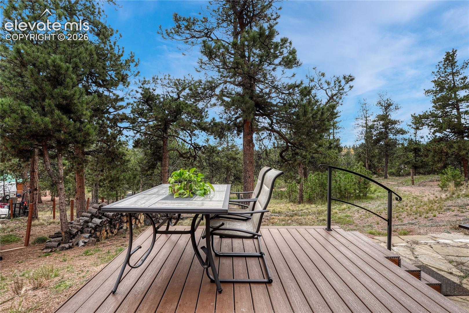 Composite deck with metal handrails featuring an expansive natural landscape with mature evergreen trees