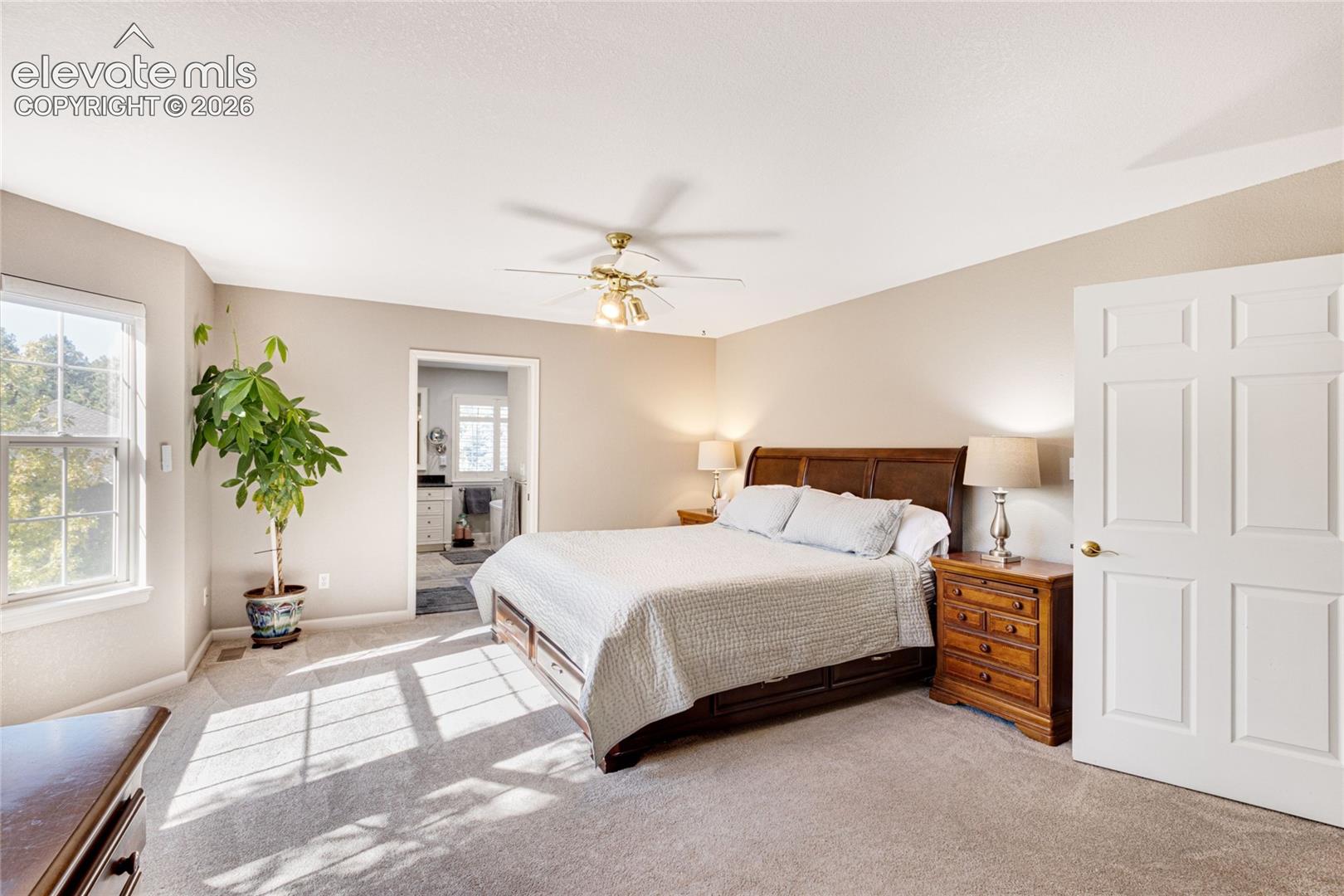 Spacious room featuring neutral carpeting, double-hung windows, a ceiling-mounted light fixture with a multi-blade fan, and a six-panel interior door