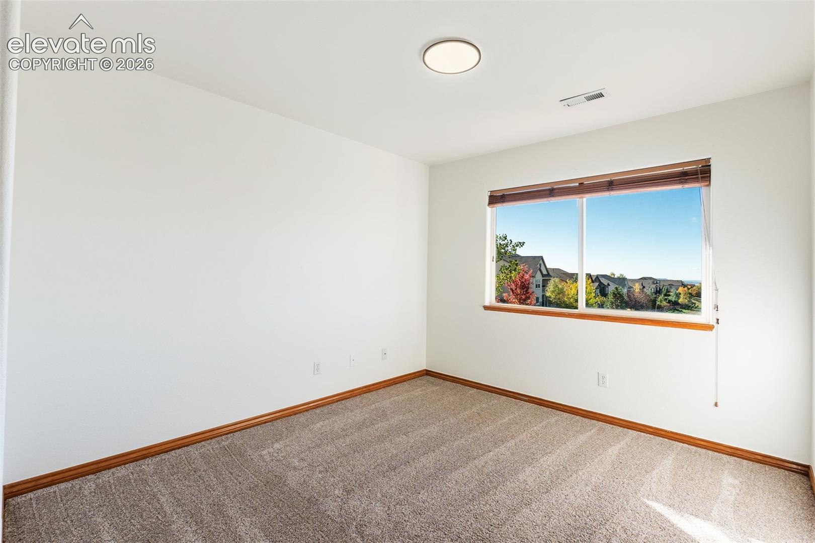 Neutral interior space featuring carpeted flooring, white walls, flush-mount ceiling lighting, and a window with wood trim