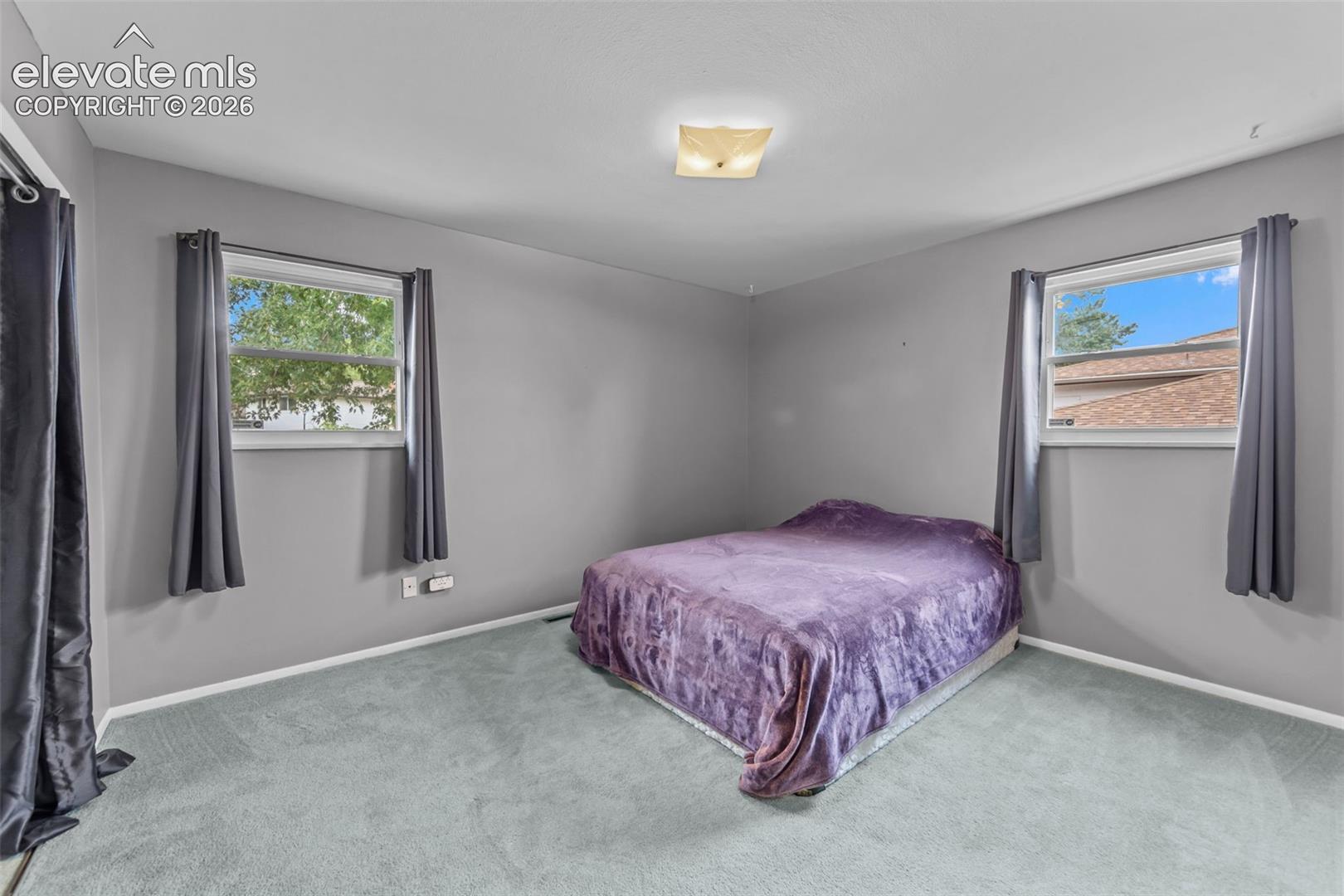 Carpeted flooring with painted walls, featuring a ceiling-mounted light fixture, and two windows