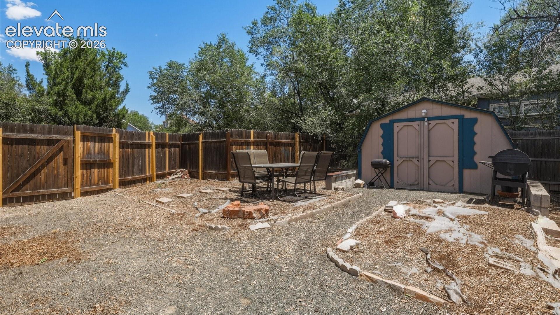 Storage shed for tools, toys, and recreational gear.