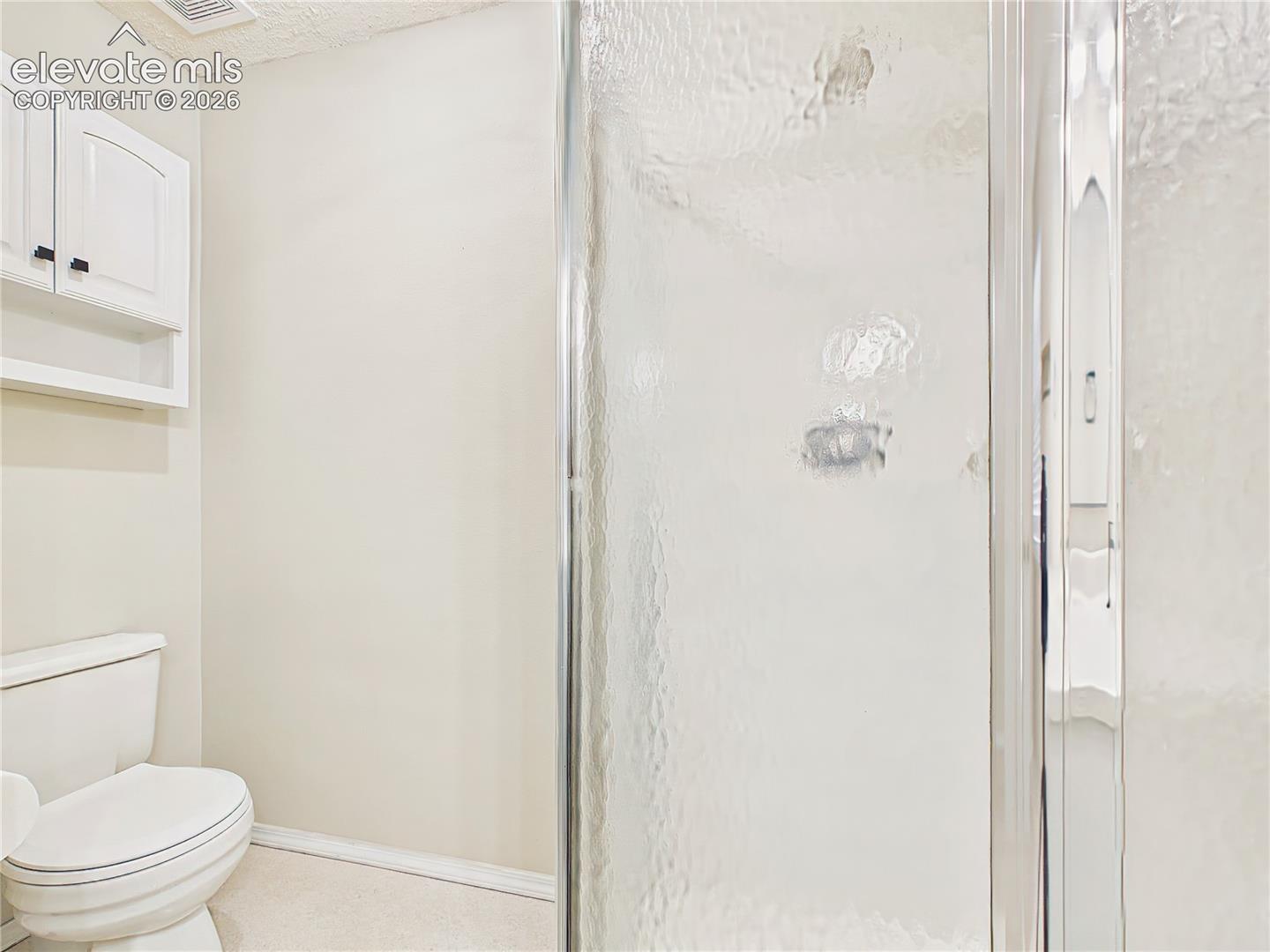 Full bathroom featuring a walk-in shower, convenient storage cabinetry, and a clean, functional layout.