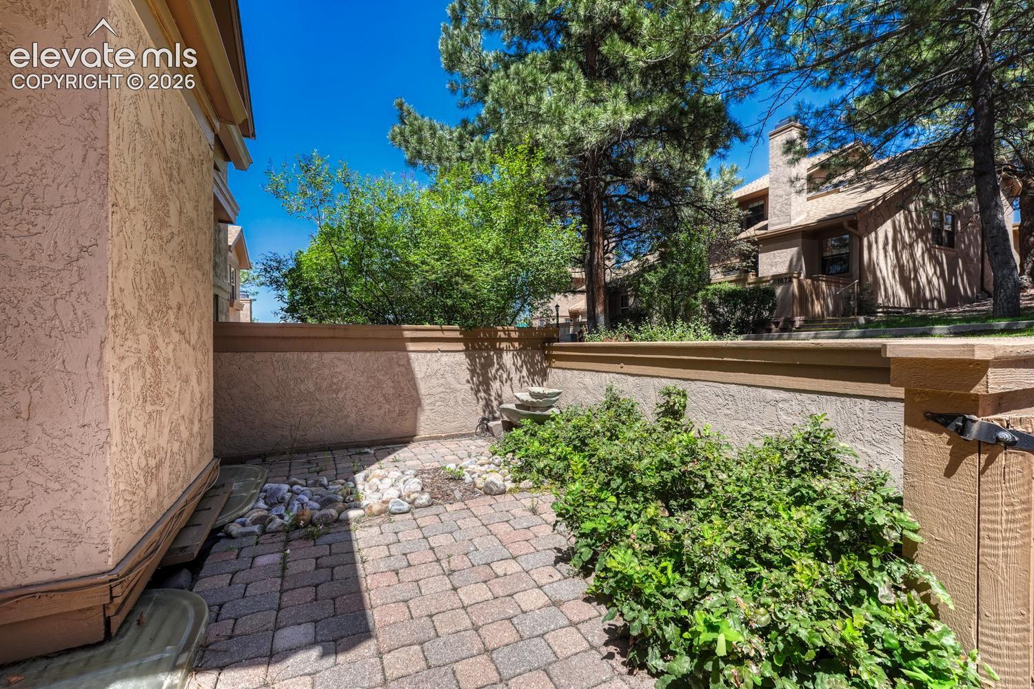 Front courtyard that overlooks peaceful green space with mature trees lining the walkway.
