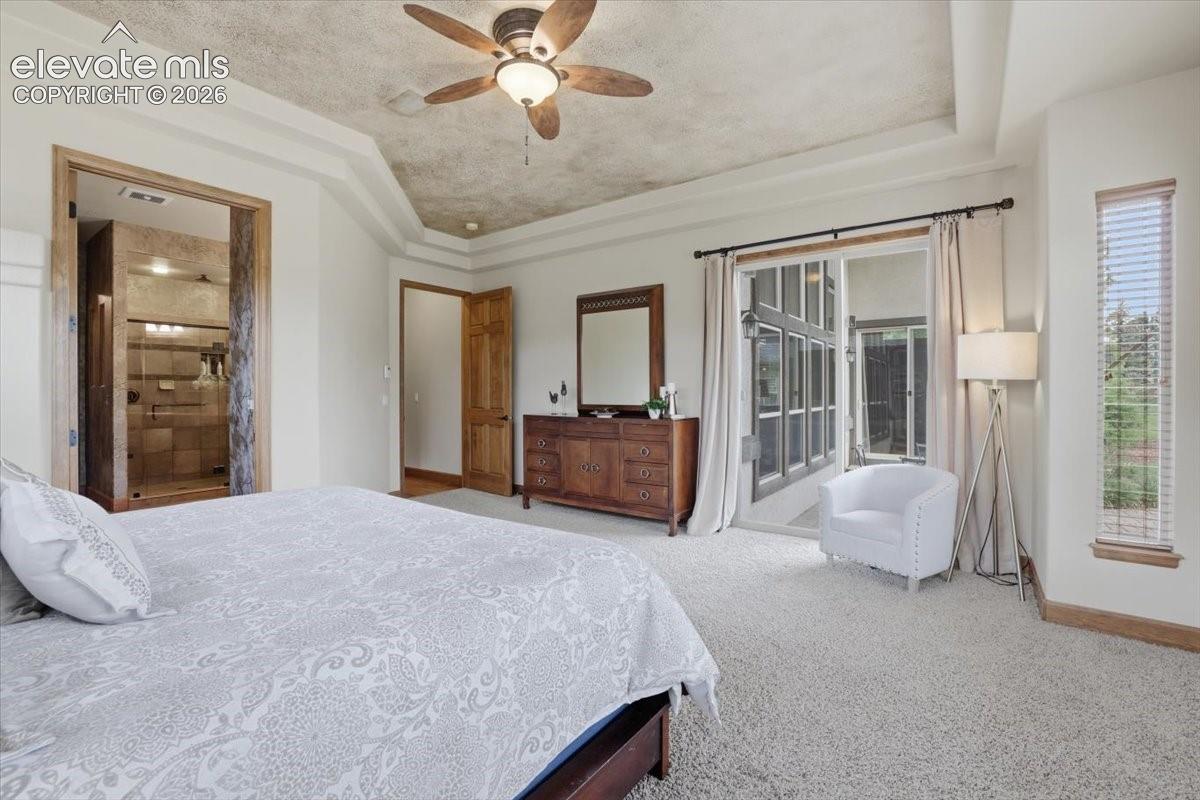 Main Level Primary Suite with Patio Access, Double-sided Gas Fireplace, Tray Ceiling, and Ensuite Bathroom!
