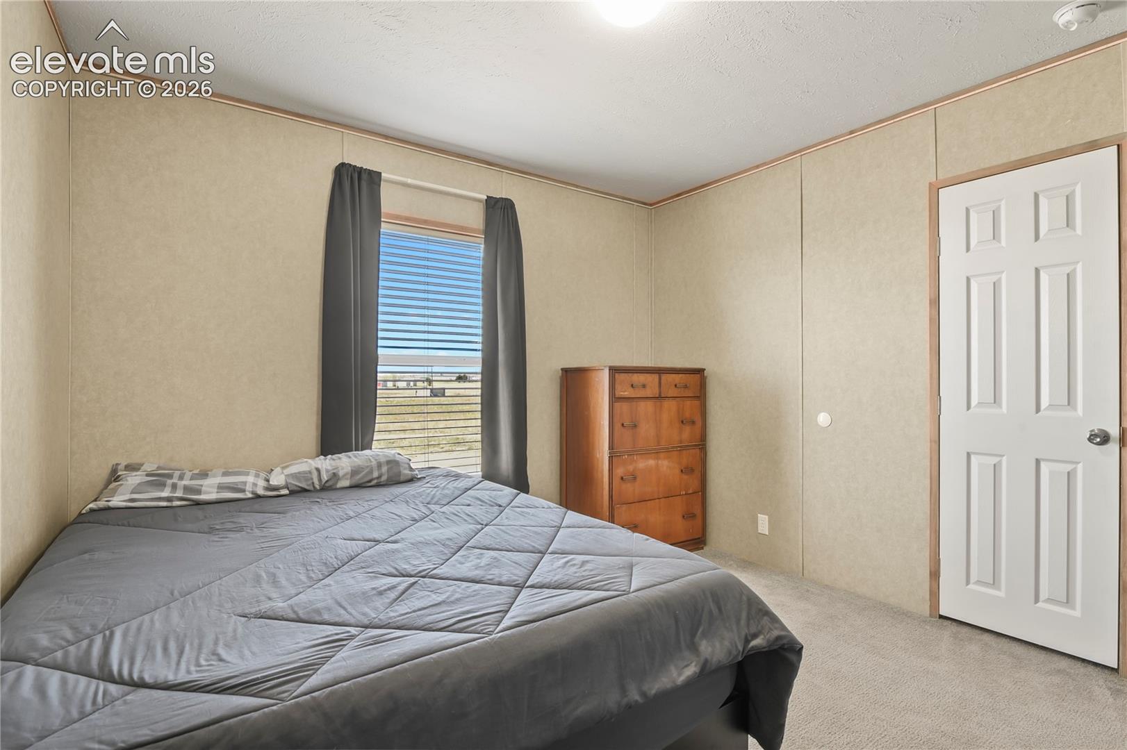 Neutral-toned wall paneling, wall-to-wall carpeting, single-hung window, and a six-panel interior door