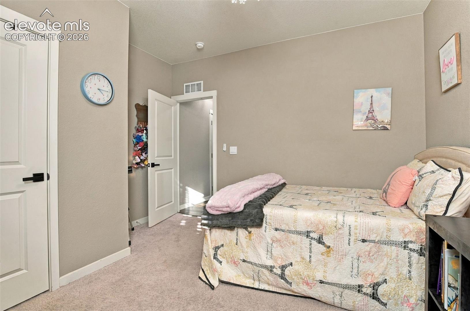 Neutral-toned interior space featuring light-colored wall-to-wall carpeting, two-panel interior doors, and matte black door hardware