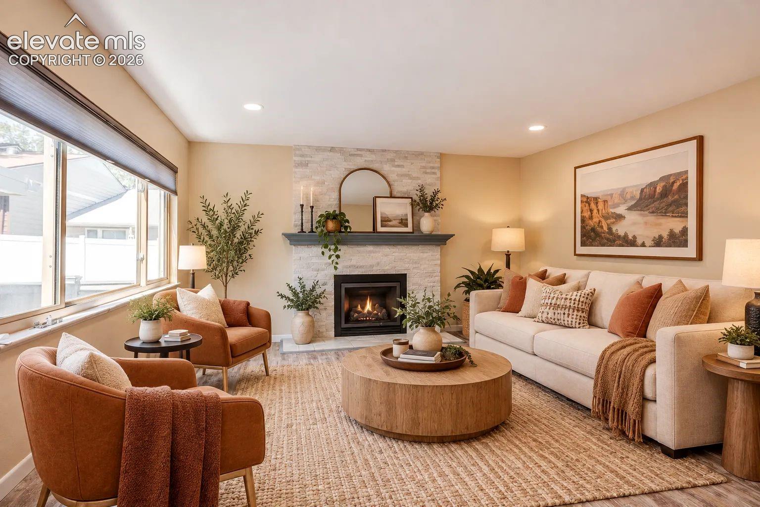 Living area featuring a floor-to-ceiling stone-veneer fireplace surround, dark wood mantel, recessed ceiling lighting, and expansive window configuration with integrated blinds. AI-Enhanced – furniture/decor digitally added