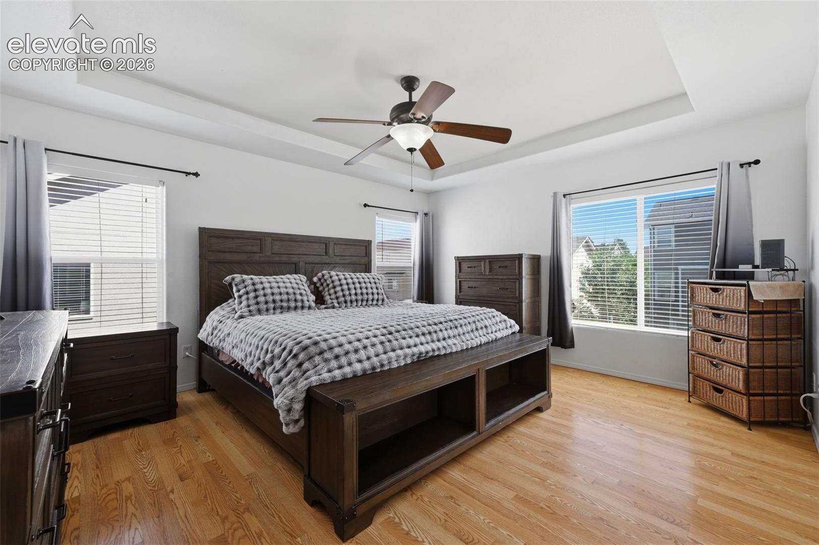Tray ceiling with a ceiling fan, wood-finish flooring, and multiple windows