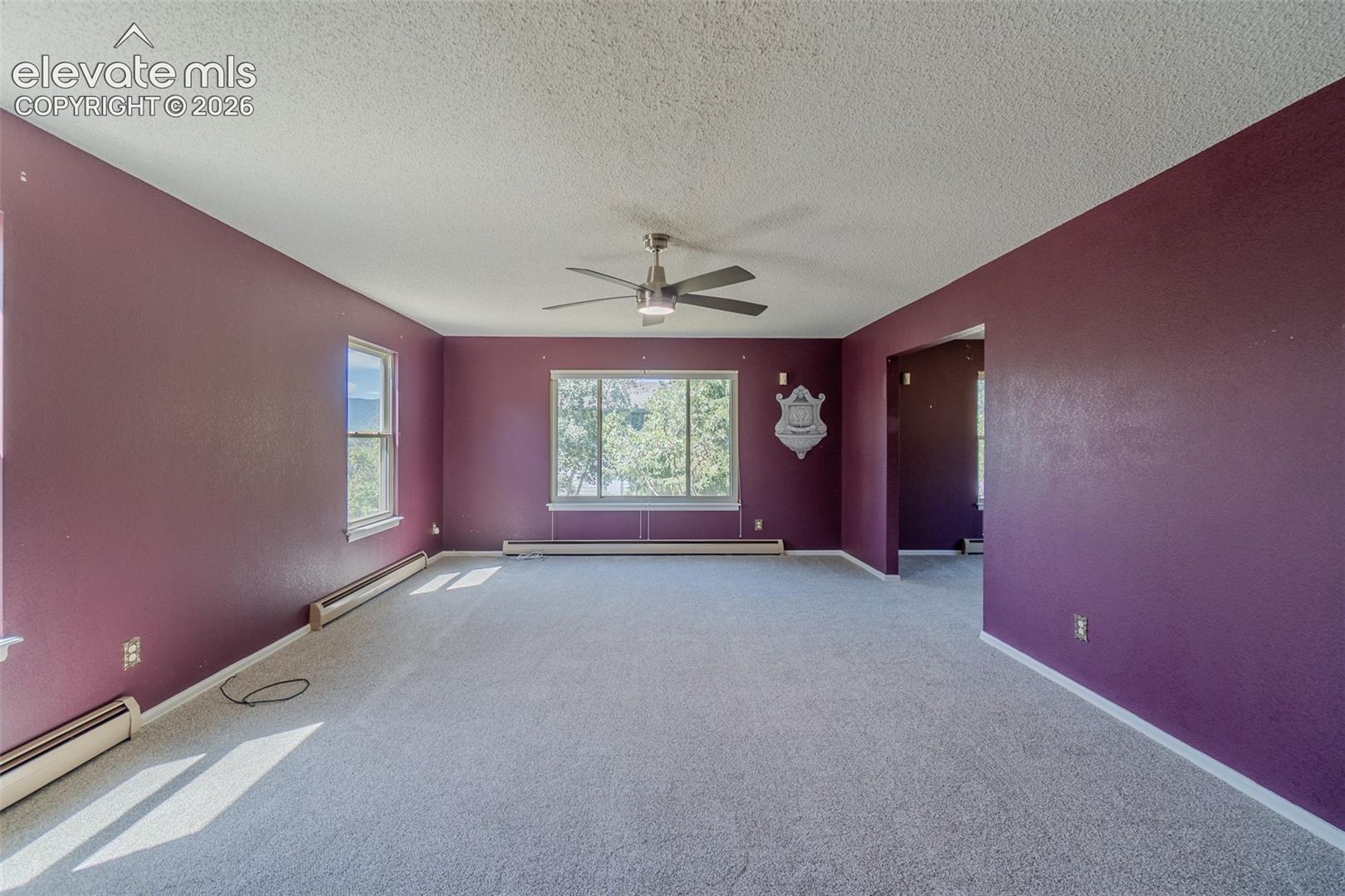 Expansive room with neutral carpeting, multiple windows providing natural light, and a ceiling fan fixture