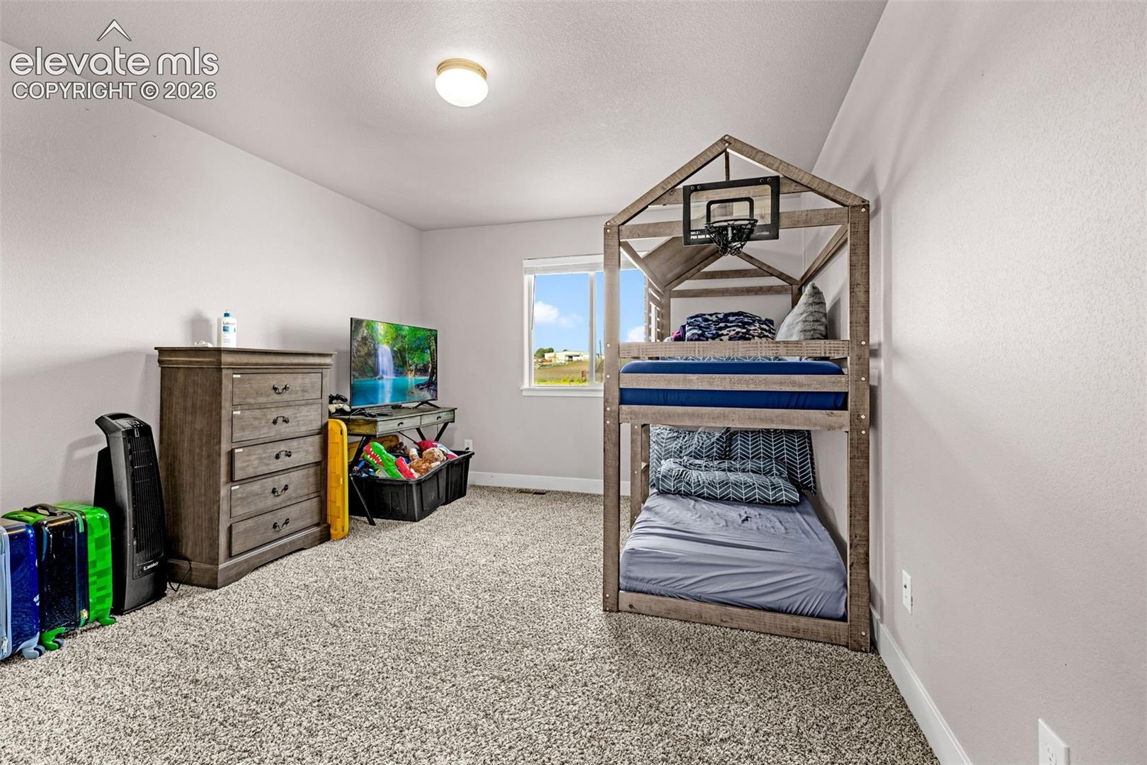 Carpeted room featuring a window with natural light, neutral wall paint, and a ceiling-mounted light fixture