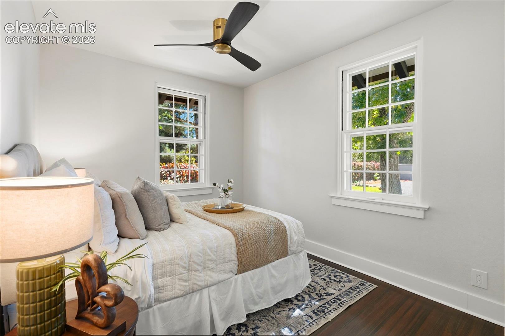 Room featuring wood-finish flooring, two multi-pane windows, and a matte black ceiling fan with metallic accents