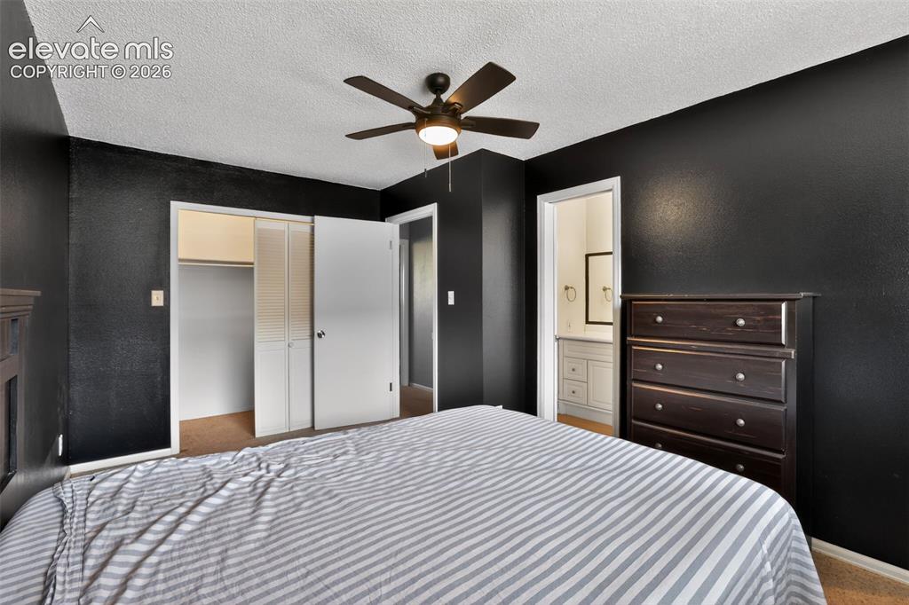 Bedroom featuring dark accent walls, ceiling fan with integrated lighting, and carpet flooring