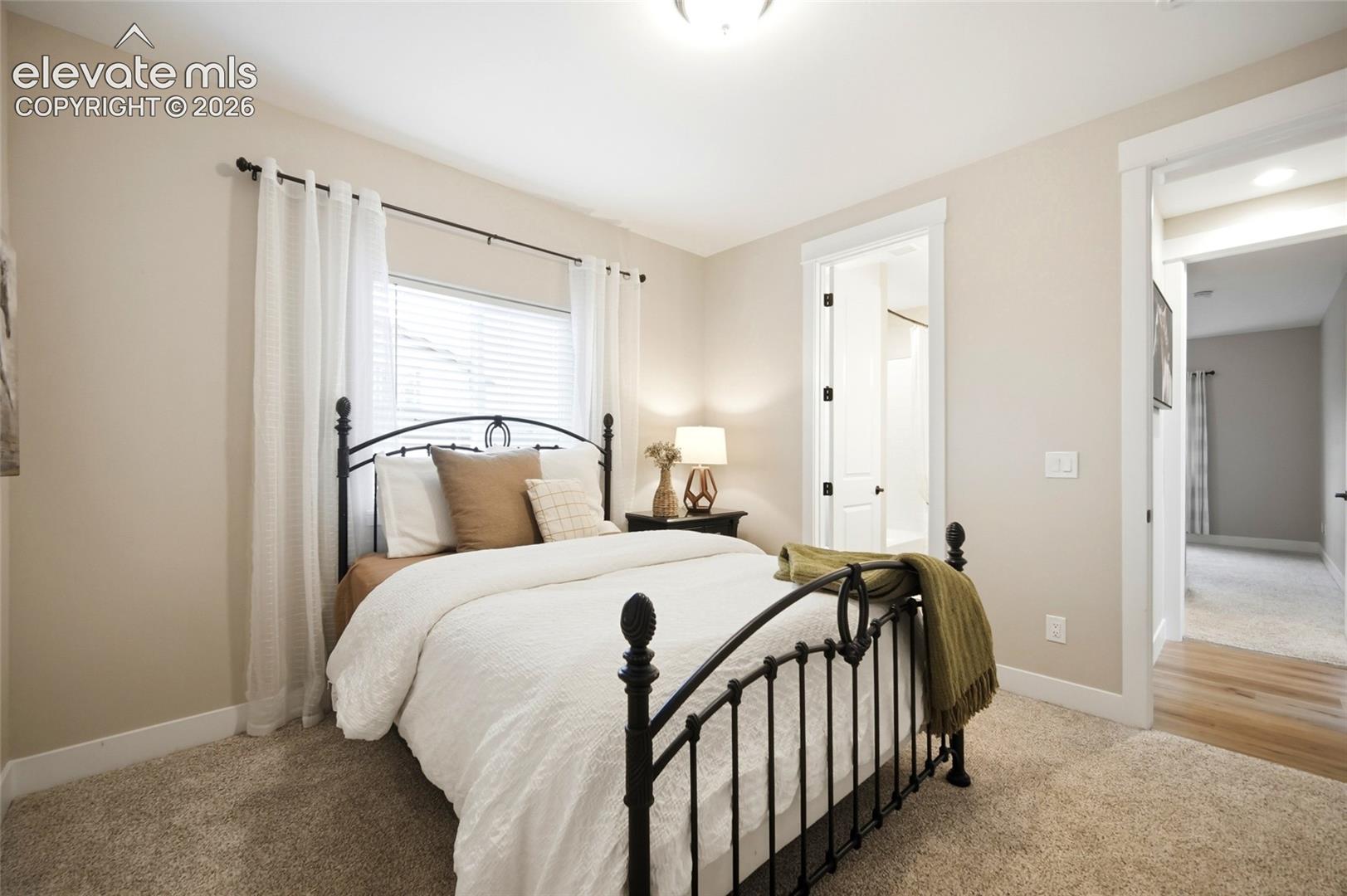 Neutral-toned walls, high-pile carpeting, and a double-hung window featuring horizontal blinds and decorative trim