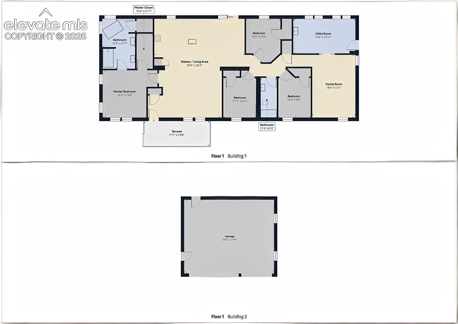 Complete Property Floor Plan – Full floor plan provides an at-a-glance view of the main residence and detached garage. The home combines an expansive central kitchen/living area with four bedrooms, two baths, a separate family room, oversized utility space, and terrace, while the detached garage adds substantial parking, storage, and workspace.