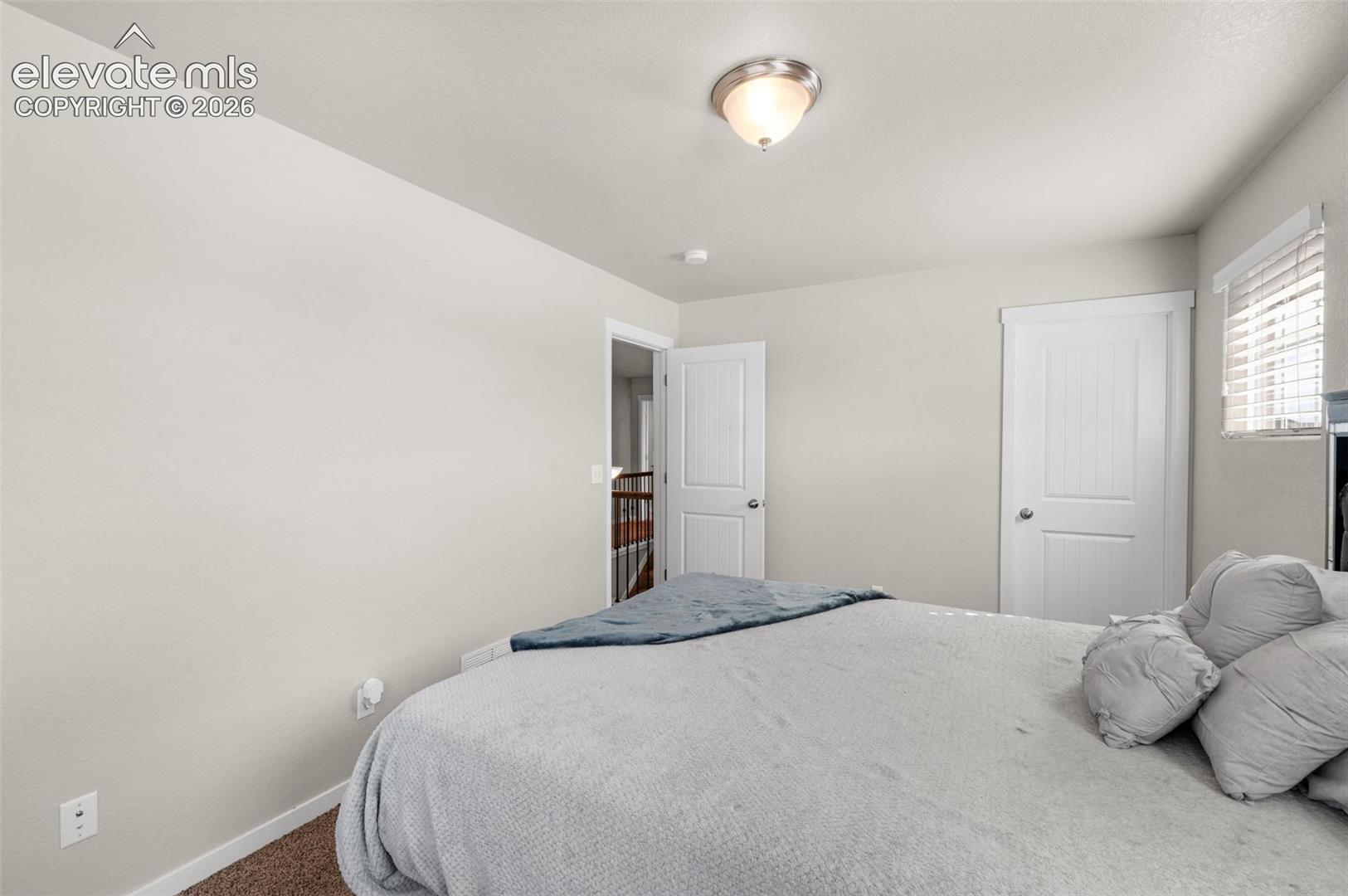Neutral-toned walls, carpeted flooring, two-panel interior doors, and a flush-mount ceiling light fixture