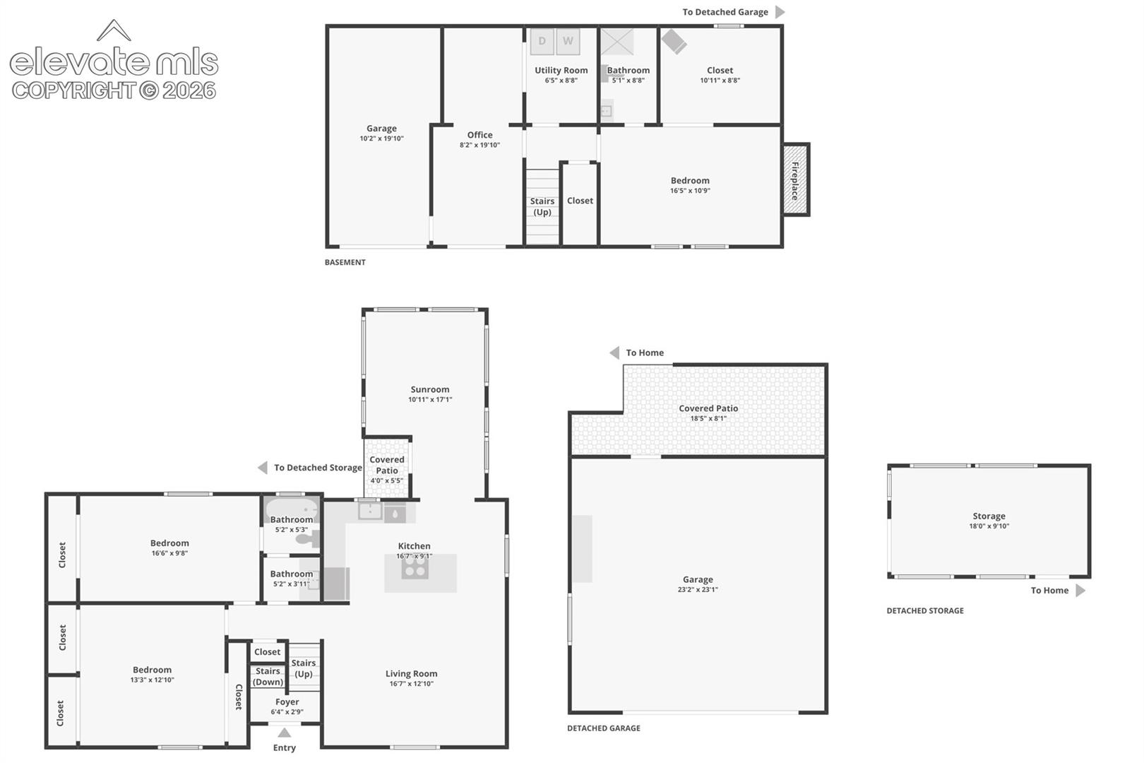 Floor Plan – Detailed floor plan highlights the home’s versatile bi-level layout, including multiple living spaces, an office, sunroom, attached garage, detached garage, detached storage building, and covered outdoor areas—showcasing the exceptional flexibility and storage this property offers.