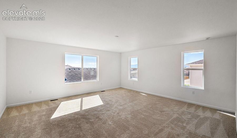 Neutral interior space featuring high ceilings, wall-to-wall carpeting, and three expansive windows providing natural illumination