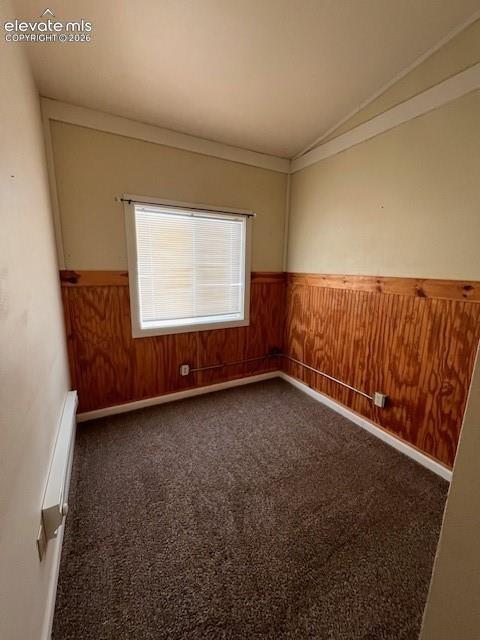 Interior room featuring wood-paneled wainscoting, carpeted flooring, and a single window with blinds