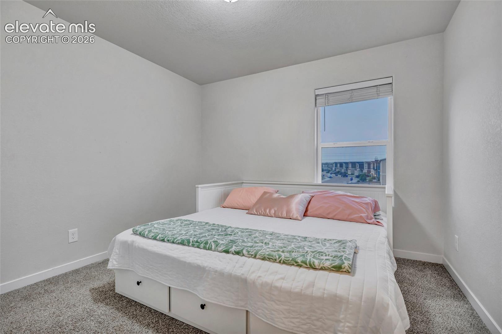 Carpeted flooring, single window with blinds, light gray wall finish, built-in bed frame with storage drawers