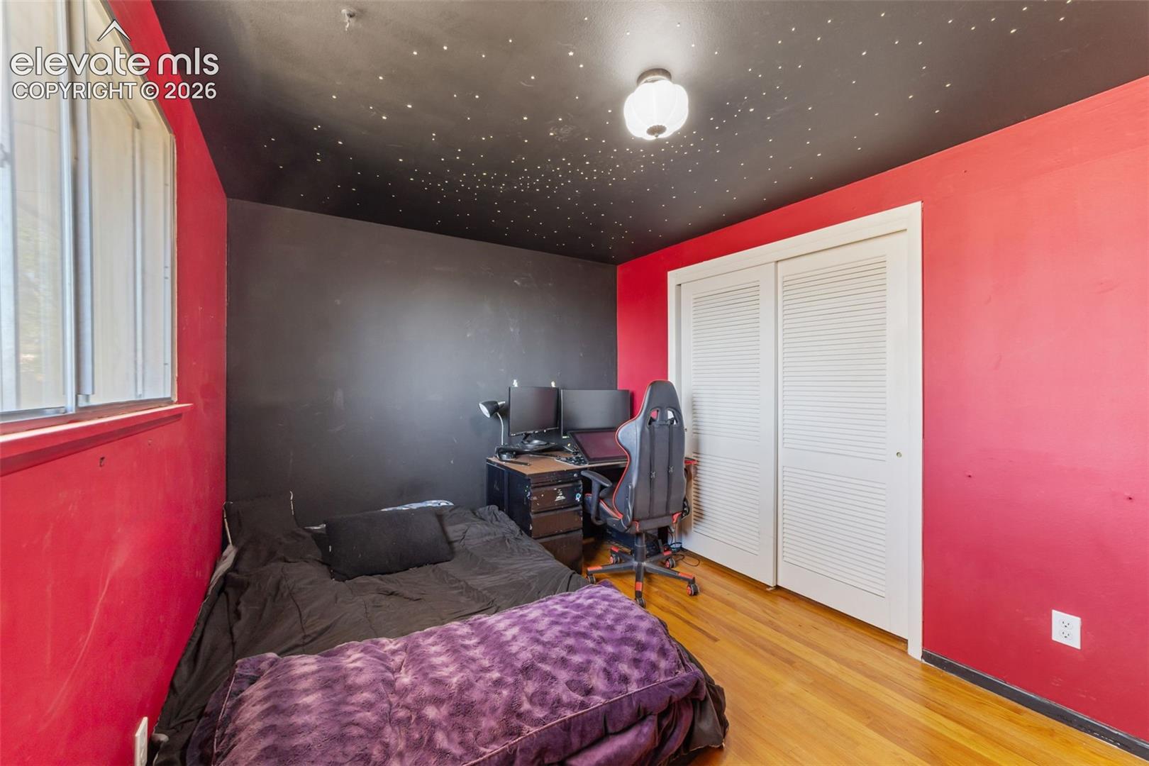 Room featuring wood-finish flooring and a black ceiling with star-effect lighting