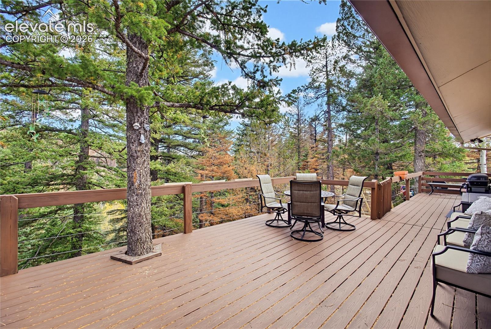 Expansive wood-plank deck featuring horizontal cable railings and mature evergreen trees integrated into the structure