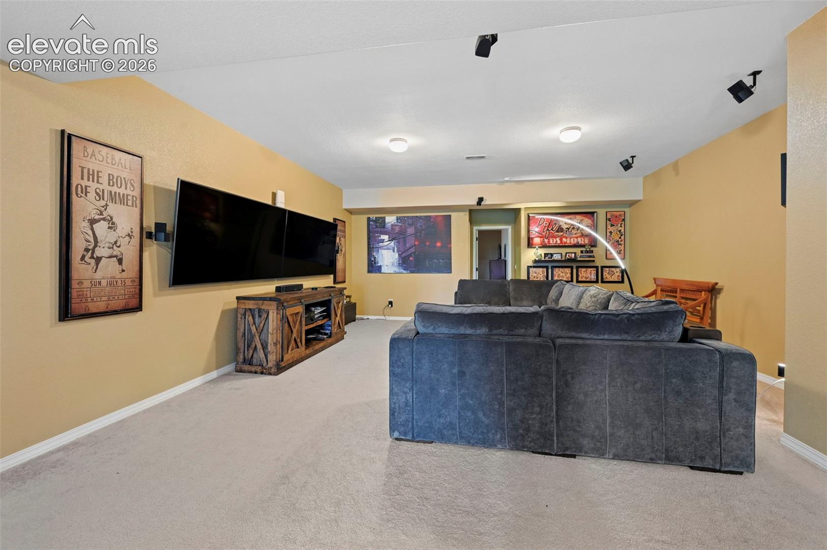 Recessed lighting, track lighting, light-toned carpeting, and a built-in media console