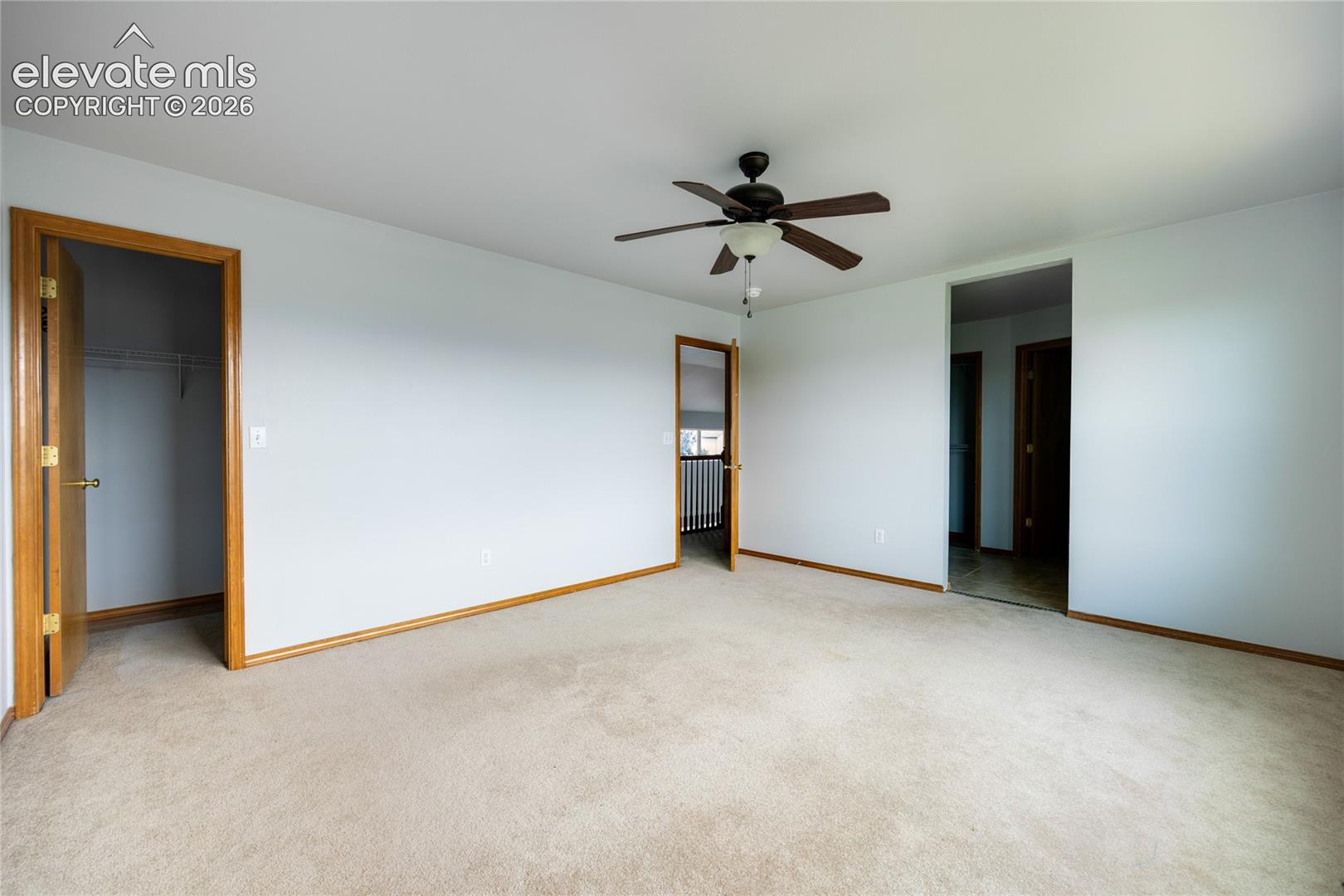 Spacious room featuring carpeting, light-toned walls, and wood trim