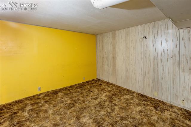 Carpeted spare room featuring wood walls and a textured ceiling