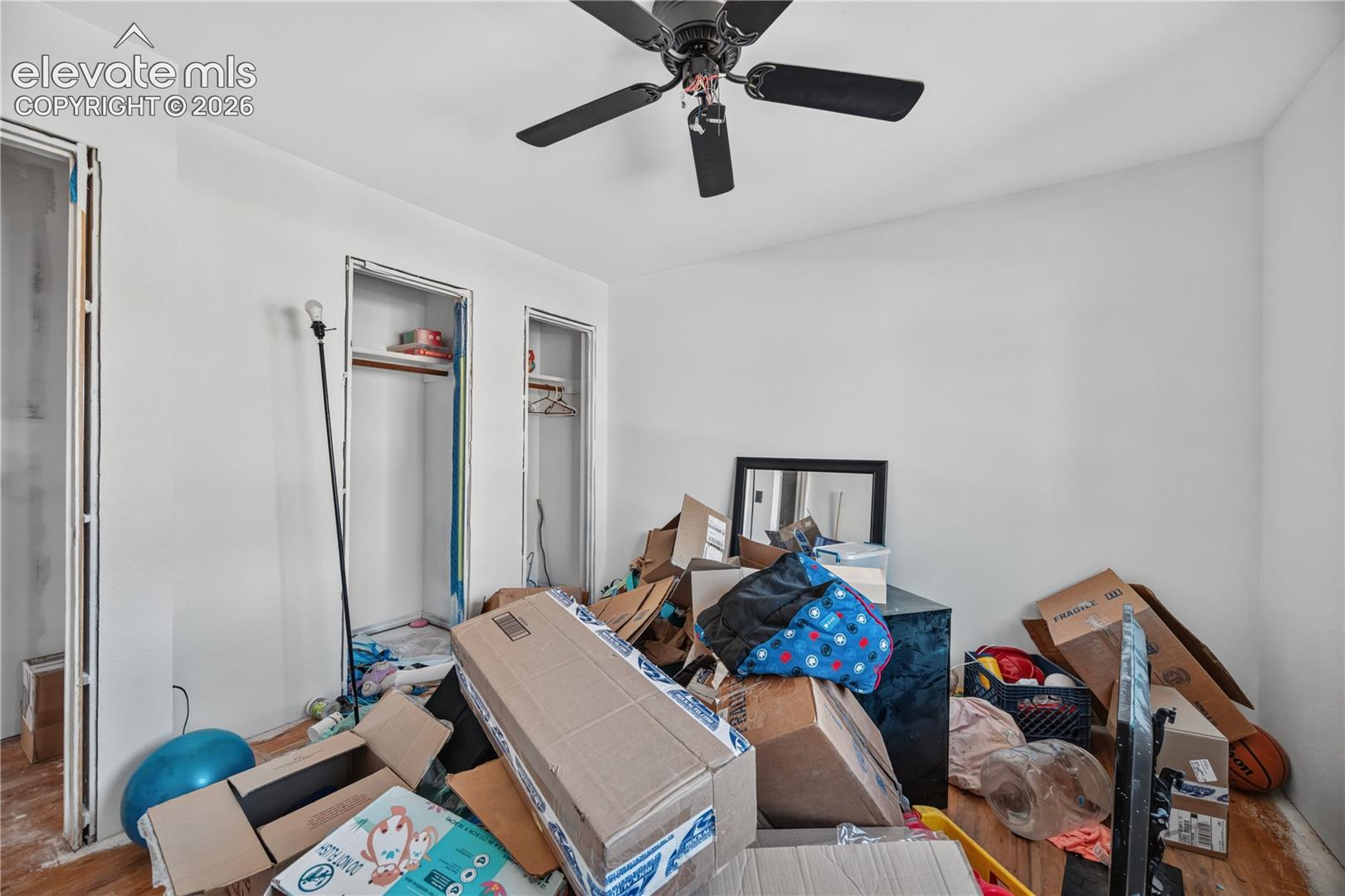 Room featuring wood-finish flooring, two reach-in closets, and a ceiling fan
