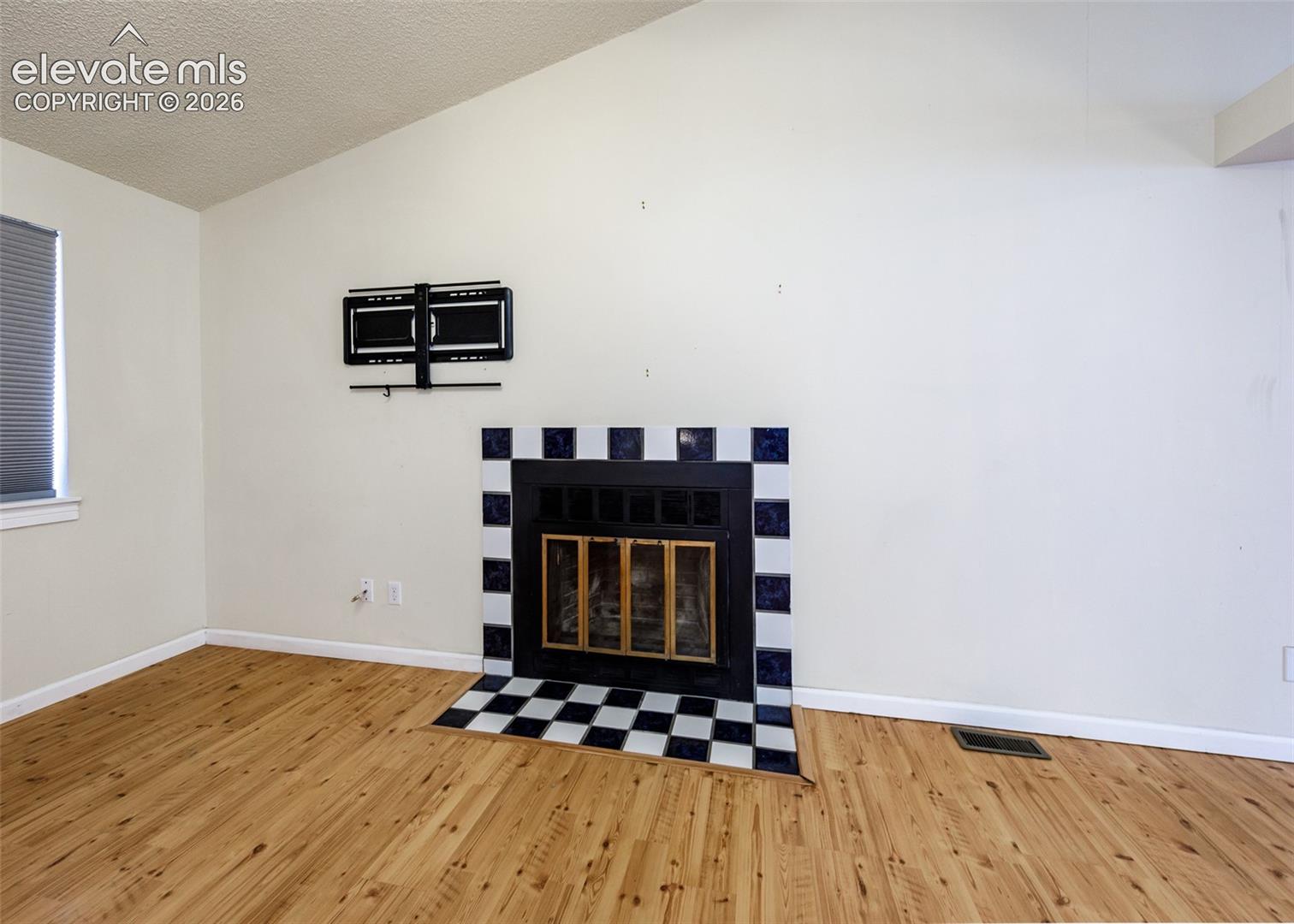 Vaulted ceiling, wood-finish flooring, and a fireplace featuring a black and white checkered tile surround with a metal screen
