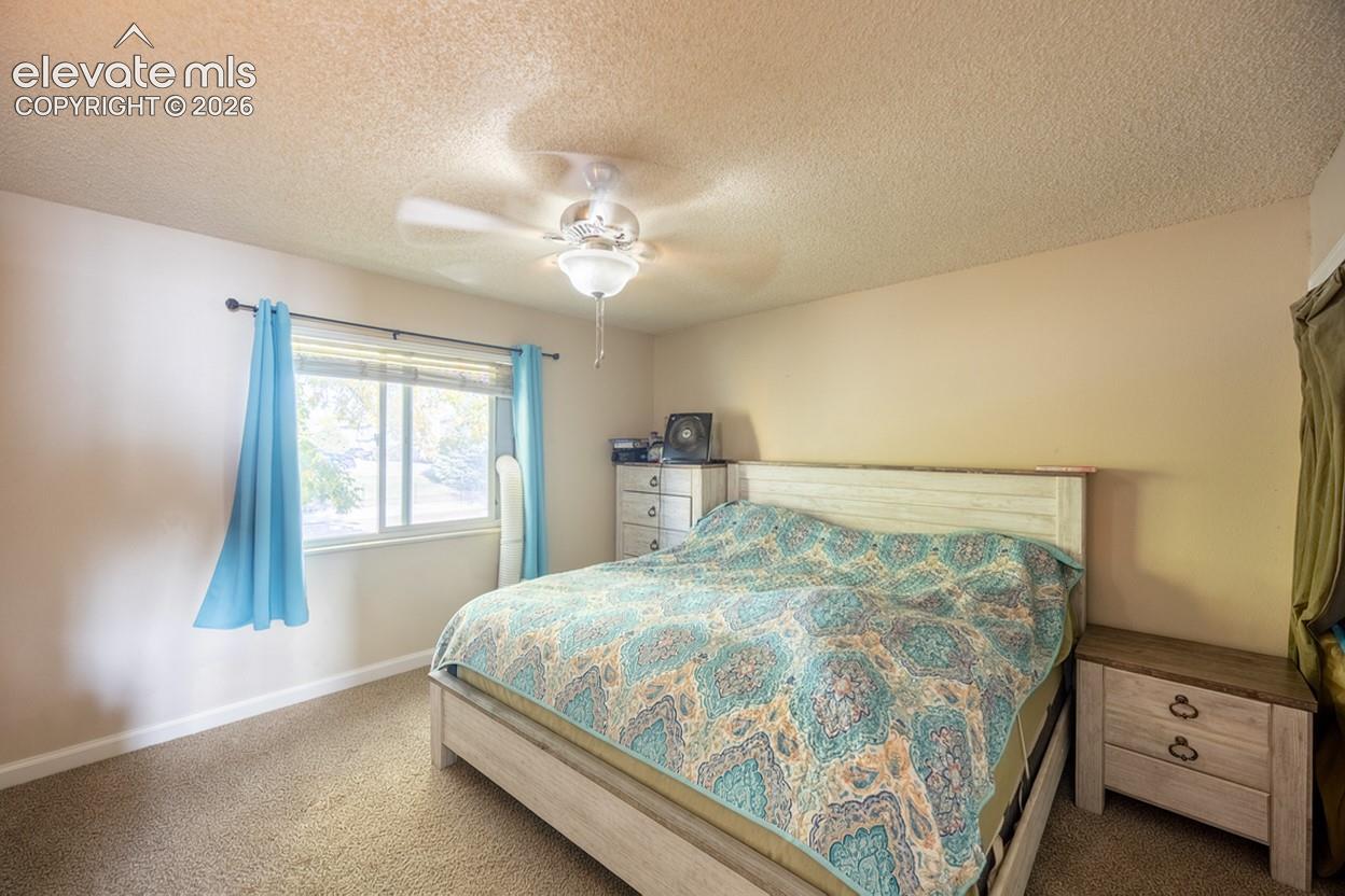 Carpeted flooring, window with blinds, ceiling fan with light fixture, and neutral wall tones