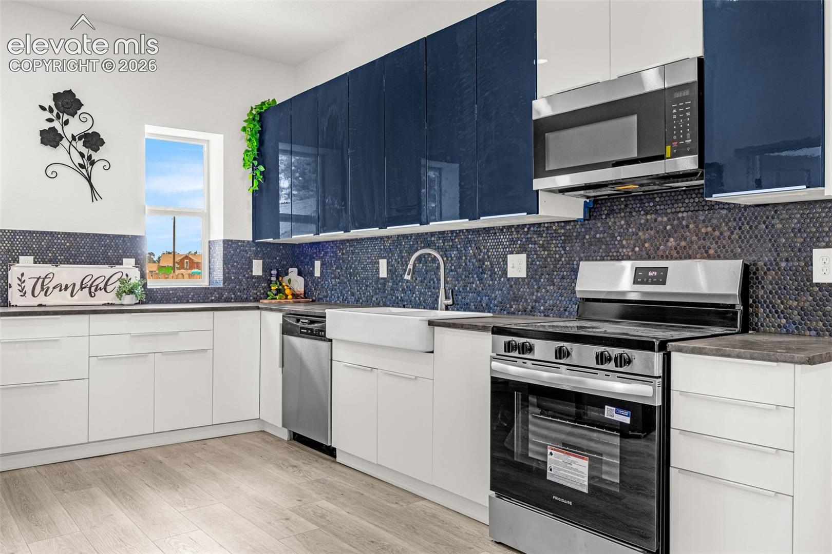 Modern kitchen featuring wood-finish flooring and a white farmhouse sink
