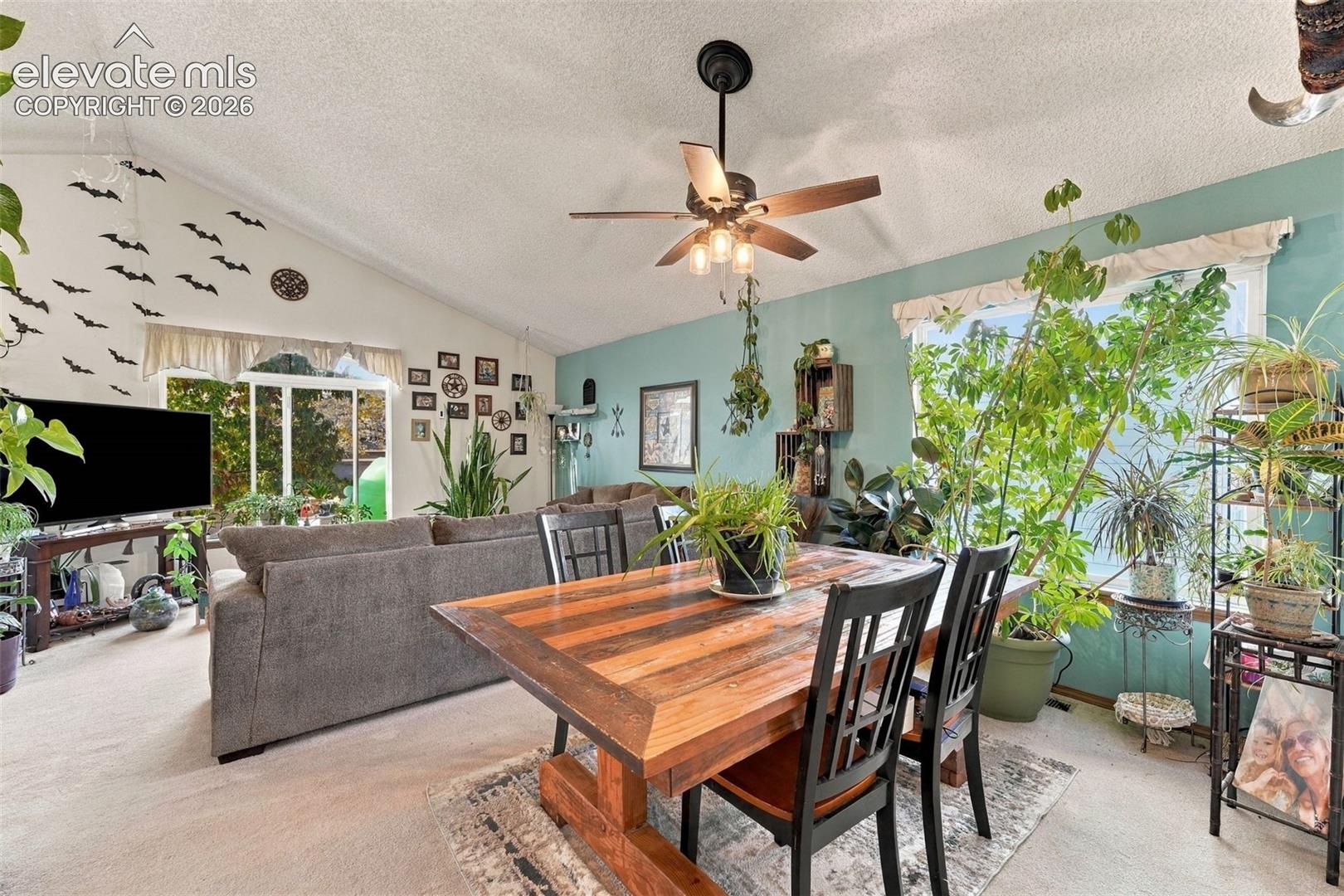 Vaulted ceilings, sliding glass door, and a multi-light ceiling fan