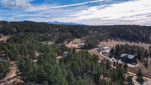 Aerial overview of property's location featuring a forest and a mountainous background
